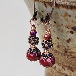 Copper & Cranberry Czech Glass Flower Earrings, Handmade